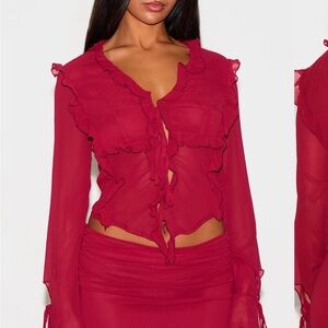 Elegant Red Ruffle Blouse and Skirt